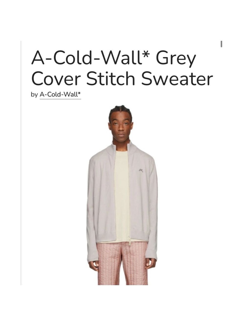 Men's A-Cold-Wall* Moonbeam Grey Cover Stitch Zip Up Sweater S